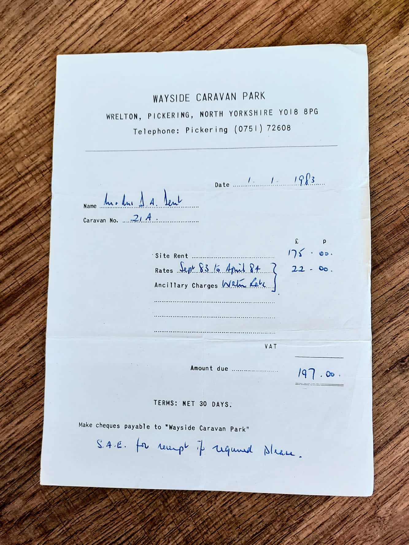 Mr and Mrs Dent's bill for their first caravan at Wayside